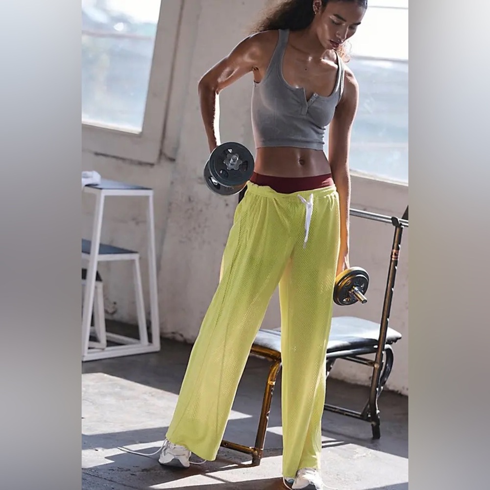 FREE PEOPLE Overtime Wide Leg Mesh Pants in Dour Citrus NWOT - Picture 3 of 11